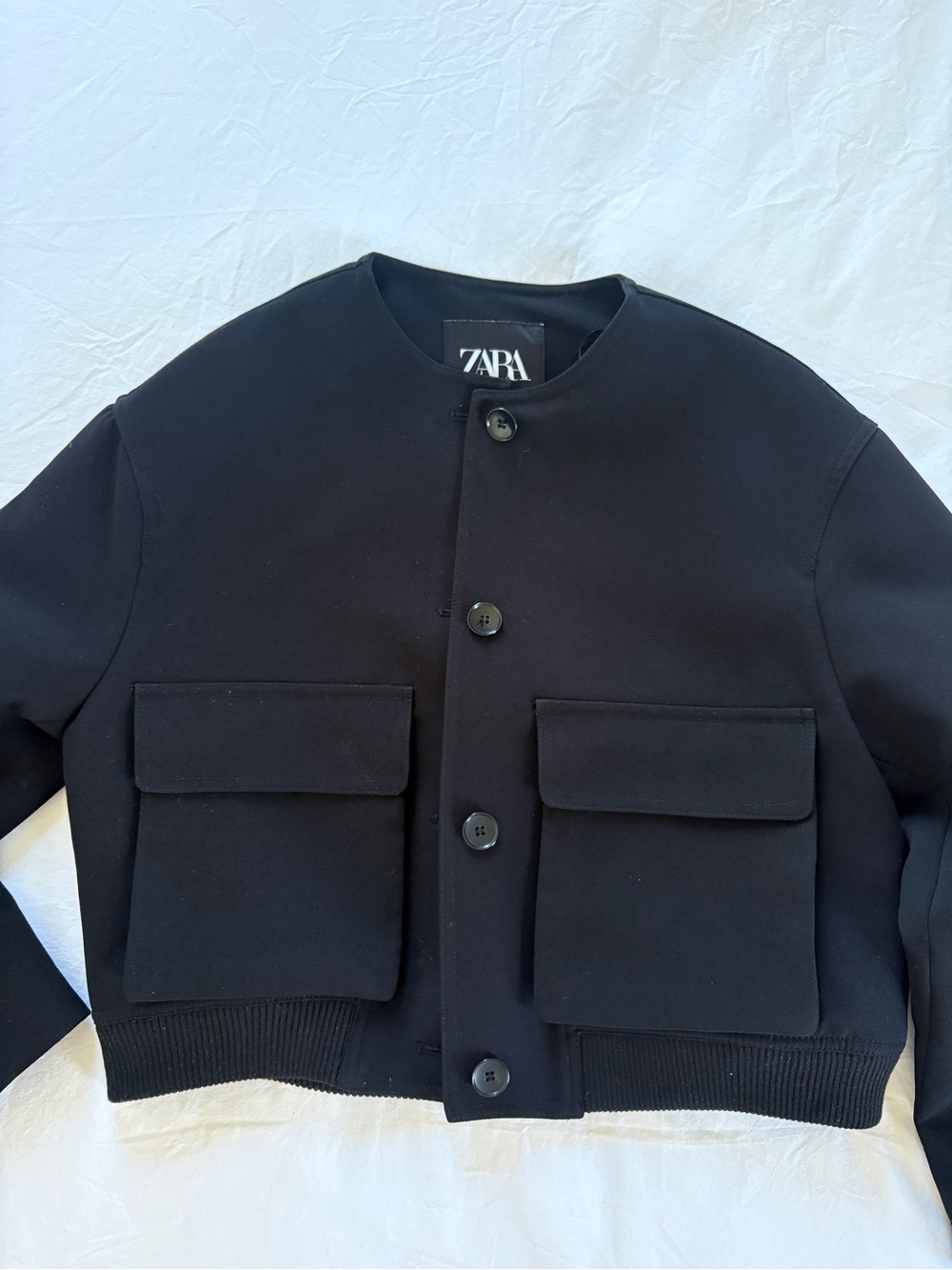 Zara Black Collarless Bomber Jacket with Flap Pockets